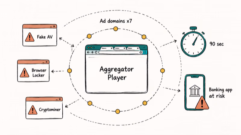 Hand-drawn diagram showing aggregator browser surrounded by ad domains, fake antivirus pop-ups, and malware redirect warnings.