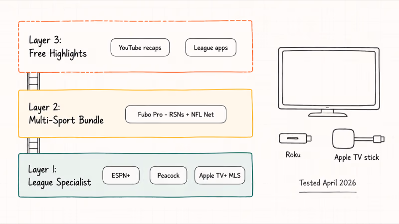 Three-tier stack diagram showing league specialist, multi-sport bundle, and free highlights layers for 2026 sports streaming.