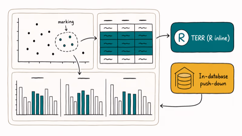 Hand-drawn Spotfire analyst workbench with cross-filtered panels TERR and in-database push-down badges