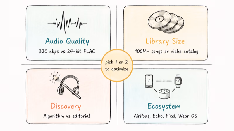 Four-quadrant framework of audio library discovery and ecosystem trade-offs for choosing a Spotify alternative