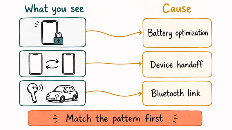 Matching board linking Spotify pausing symptoms to battery, device handoff, and Bluetooth causes