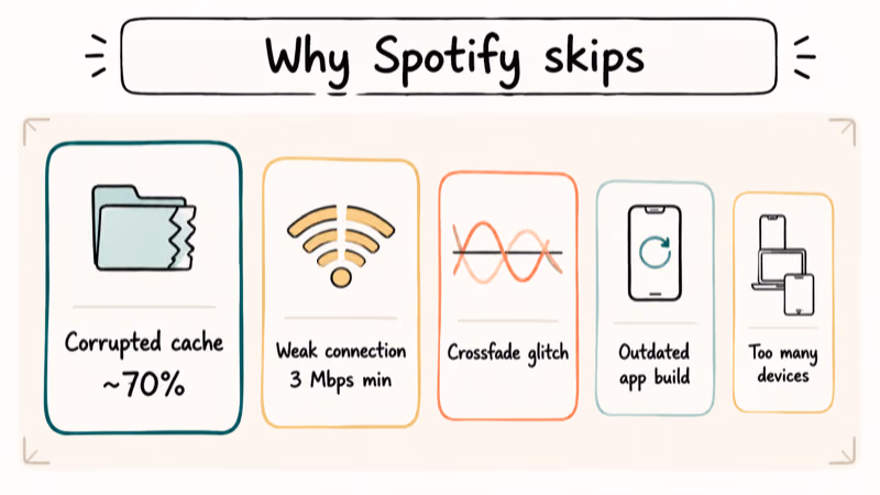 Hand-drawn infographic ranking the five common causes of Spotify song skipping by frequency.