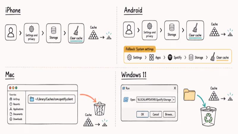 Four platform panels showing cache clear menu paths on iPhone Android Mac Windows