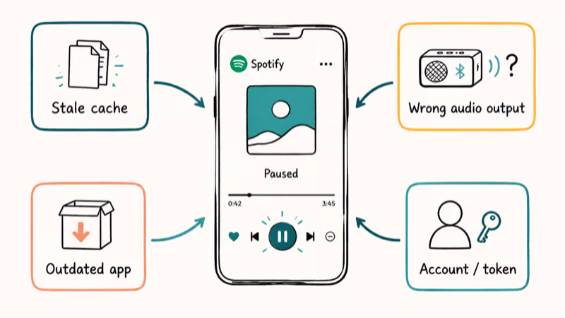 Spotify paused on a phone with four labeled root cause cards radiating outward