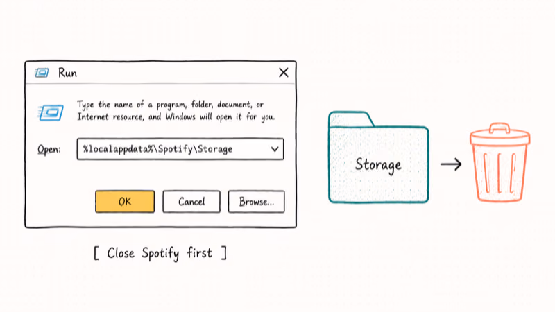 Windows Run dialog showing the Spotify storage cache folder path string.