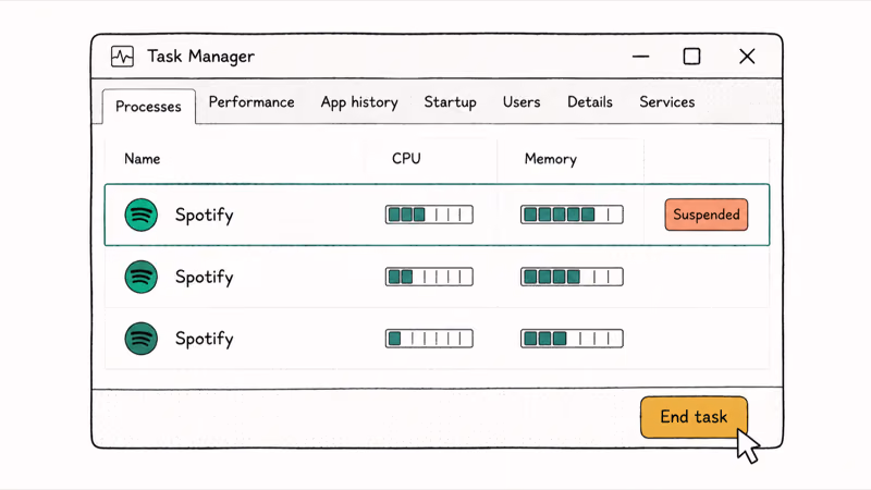 Task Manager view with three stacked Spotify processes ready to end task.