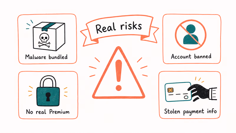 Four-card warning showing risks of installing a Spotify Premium APK.