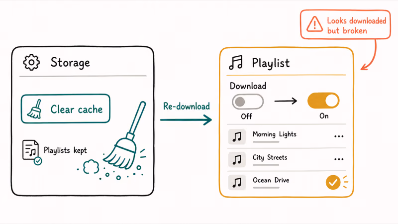 Steps to clear the Spotify cache and re-download corrupt offline tracks for clean playback