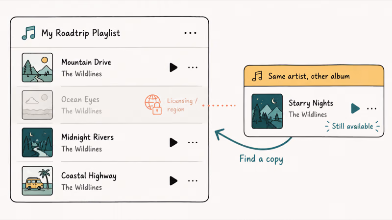 A greyed-out unavailable Spotify song dimmed in a playlist due to licensing removal