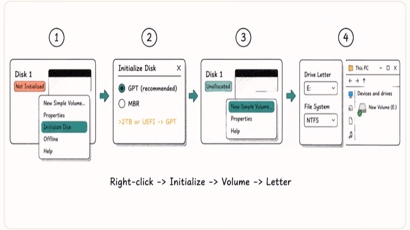 Hand-drawn four-step flowchart of initializing a new SSD in Windows Disk Management