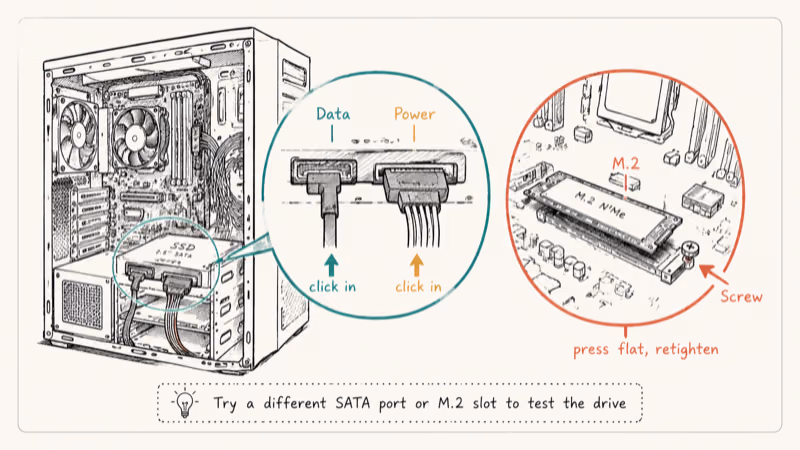 Hand-drawn checklist showing SATA data, SATA power, and M.2 screw checkpoints inside a desktop case