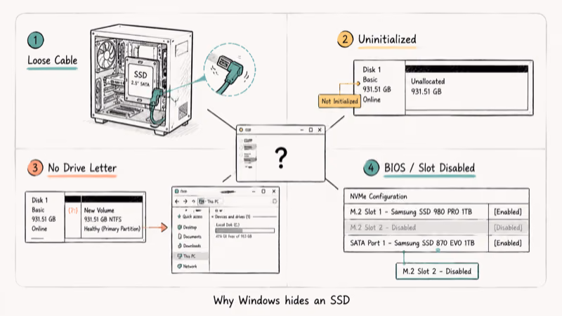Hand-drawn diagram showing four common causes that hide an SSD from Windows File Explorer