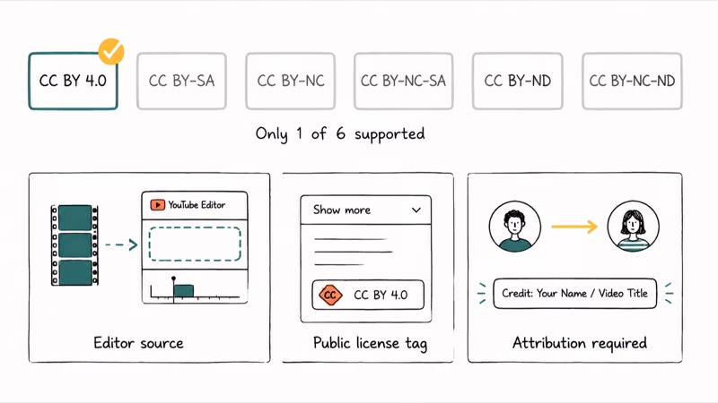 Notion hand-drawn diagram of Creative Commons CC BY support and reuse mechanics inside YouTube Studio.