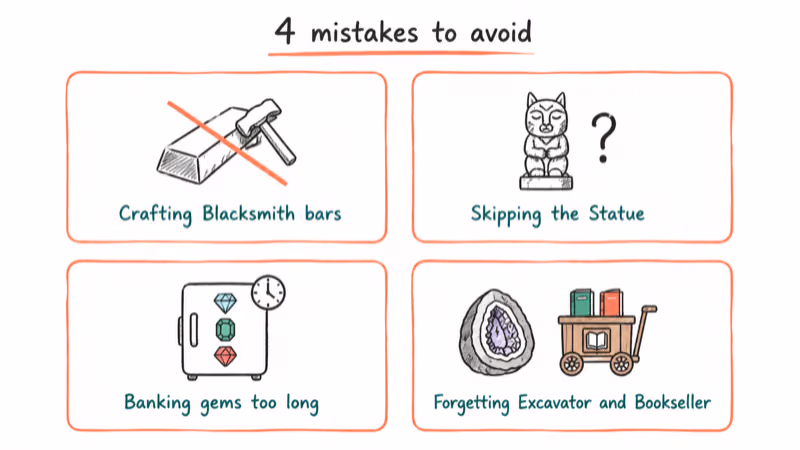 Hand-drawn grid of four warning cards covering common Stardew Valley mining profession mistakes.