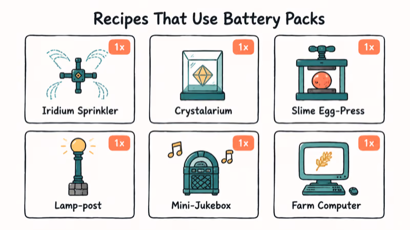 Hand-drawn grid of six Stardew Valley crafting recipes that each consume battery packs.