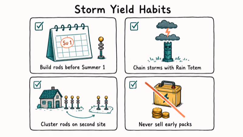 Hand-drawn checklist of four recurring Stardew Valley storm farming habits that boost battery pack supply.