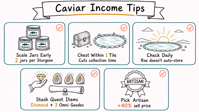 Caviar farming tips grid covering jars chest placement daily checks quest items and Artisan profession