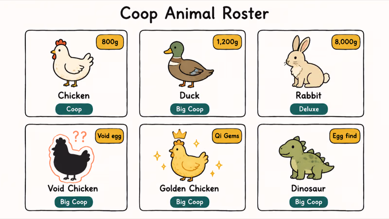 Hand-drawn grid of six Stardew Valley coop animals showing purchase cost and unlock tier.
