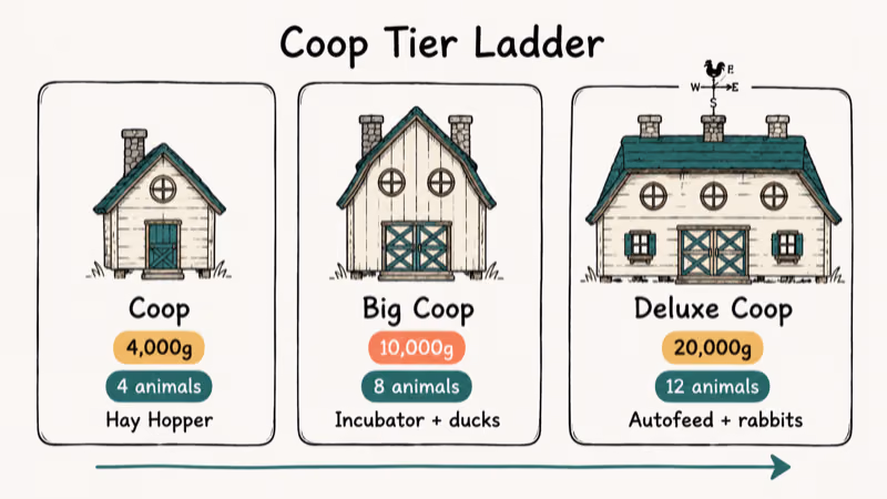 Hand-drawn ladder showing Stardew Valley coop tier costs capacities and unlocks from base to Deluxe.