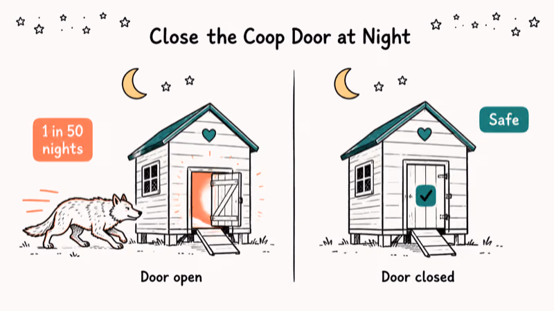 Hand-drawn night scene contrasting an open Stardew Valley coop door with a closed safe door.