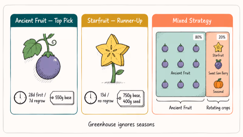 Hand-drawn comparison of Ancient Fruit Starfruit and mixed crop strategy for the greenhouse