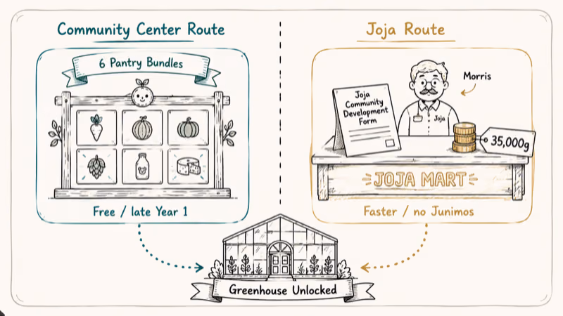 Hand-drawn comparison of Community Center bundles and Joja 35000 gold greenhouse unlock routes