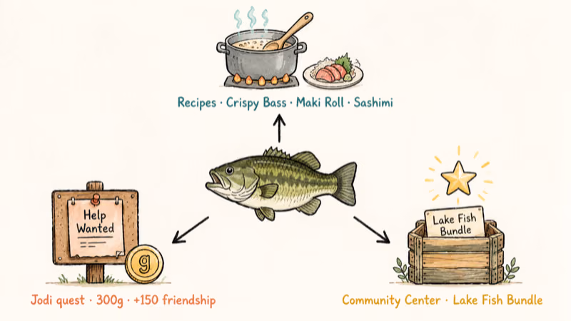 Hand-drawn Largemouth Bass surrounded by recipe pot, Community Center bundle, and Help Wanted quest icons.