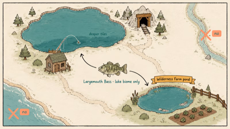 Hand-drawn Stardew map showing Mountain Lake and Wilderness pond spawn spots for Largemouth Bass.