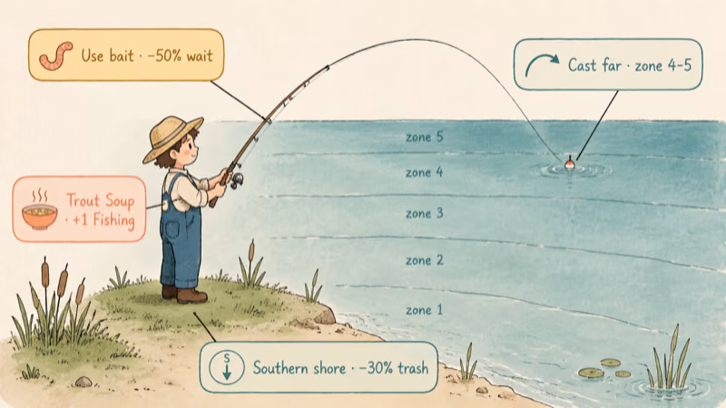 Hand-drawn farmer fishing on Mountain Lake southern shore with bait, far cast, food buff, and shore tips.