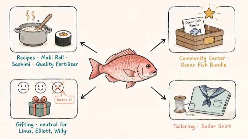 Hand-drawn Red Snapper surrounded by recipe pot, Ocean Fish Bundle, and Sailor Shirt tailoring icons.