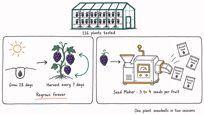 Hand-drawn Ancient Fruit growth and Seed Maker cycle inside a Stardew Greenhouse