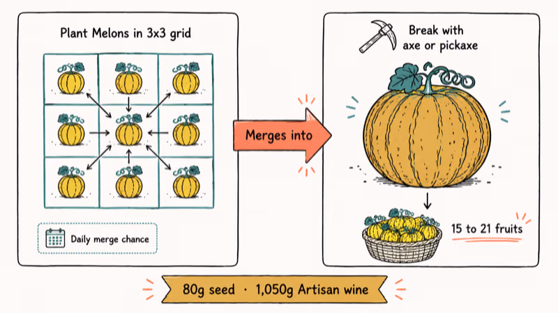 Hand-drawn Stardew Giant Melon 3x3 grid mechanic with bonus harvest yield