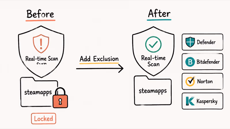 Before-and-after panel showing antivirus exception added for Steam folder across four major suites.