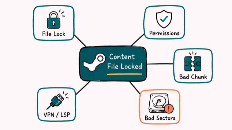Five common triggers of Steam Content File Locked error shown as labeled icon diagram.
