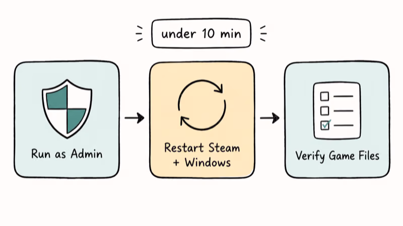 Three-step quick-fix flowchart for Steam Content File Locked: admin, restart, verify integrity.