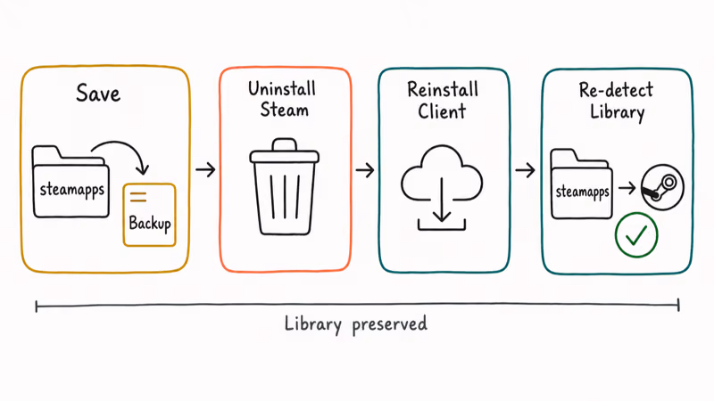 Four-step flowchart showing Steam reinstall while preserving steamapps folder through backup and restore.