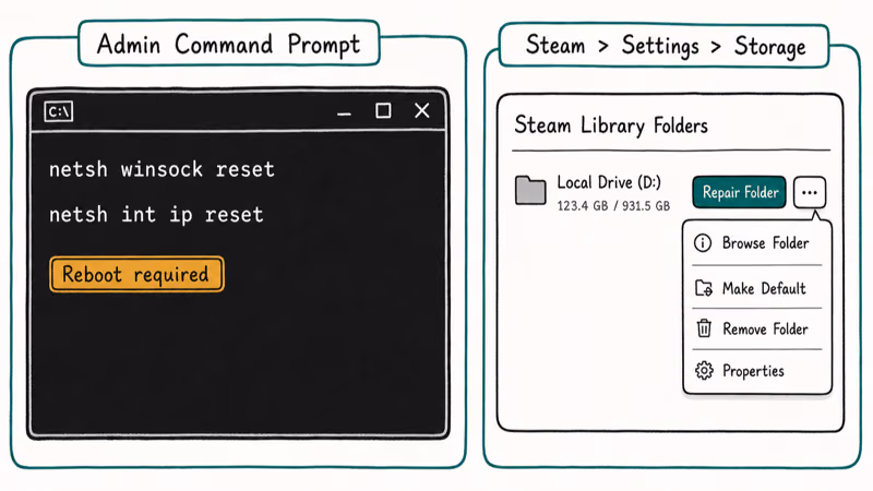 Admin Command Prompt running netsh winsock reset alongside Steam Repair Folder settings panel.