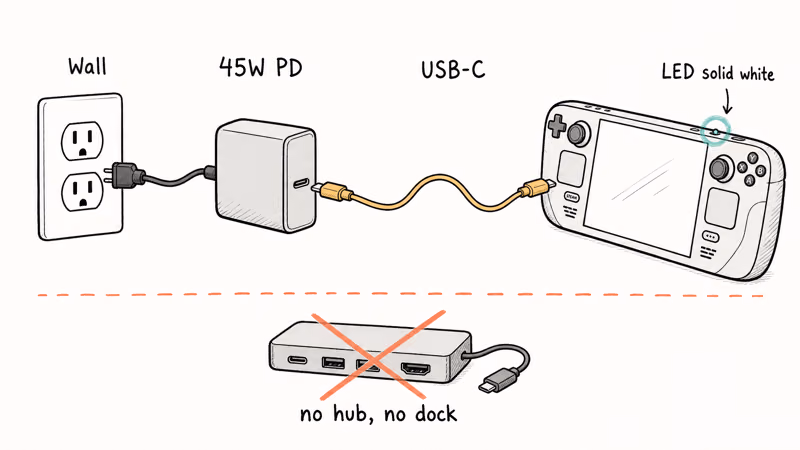 Steam Deck power chain showing wall outlet charger USB-C cable and charging LED