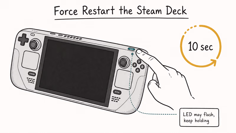 Hand drawn Steam Deck with finger holding power button and ten second timer ring