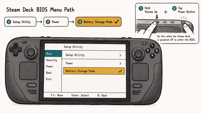 Steam Deck BIOS menu path to Battery Storage Mode that resets the charging circuit