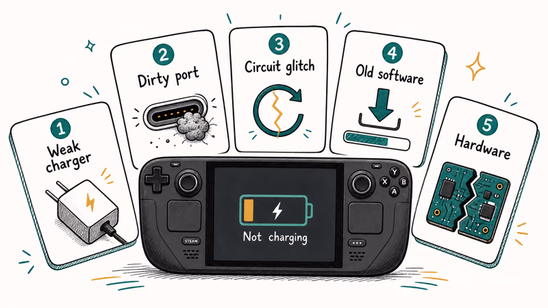 Five common Steam Deck charging causes shown as cards around a handheld console