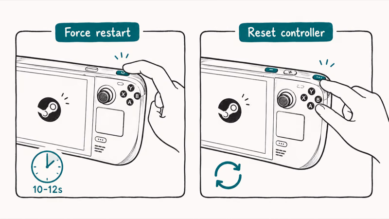 Steam Deck force restart and power controller reset button combinations shown in two panels