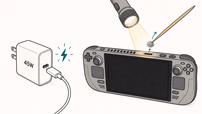 A 45W charger beside a Steam Deck having its USB-C port cleaned with a toothpick