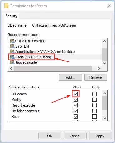 Set full control over the folder security of Steam