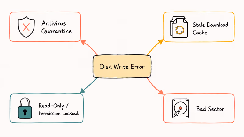 Diagram mapping four root causes of Steam disk write error to typical Windows symptoms