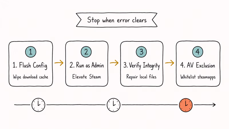 Four-step flowchart of fastest Steam disk write error fixes from Flush Config to antivirus exclusion