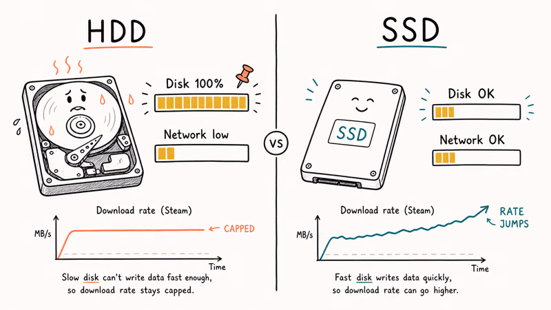 Slow hard drive pinned at full usage bottlenecks a Steam download while network idles