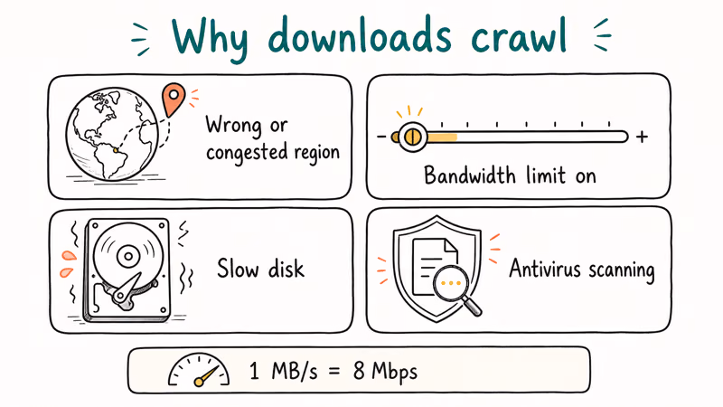 Hand drawn overview of four common causes behind slow Steam downloads on fast internet