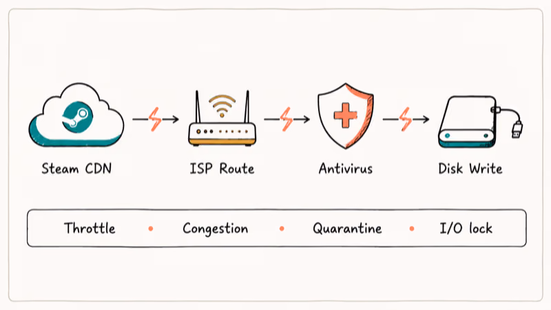Hand-drawn flowchart showing four points where Steam downloads stall: CDN, ISP, antivirus, disk write.