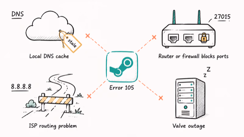 Diagram of four Steam Error 105 root causes spanning DNS router ISP and Valve outages